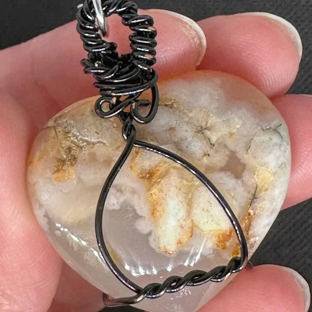 Flower Agate keychain wire wrapping distressed black wire handmade